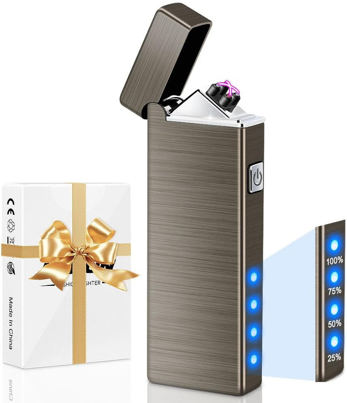 Electric Lighter USB Rechargeable Plasma Lighters Cool Pocket Lighter Men | Windproof Dual Arc. Battery Indicator. Christmas Stocking Stuffers. Birthday Gifts for Men Father Husband (Gunmetal Gray)