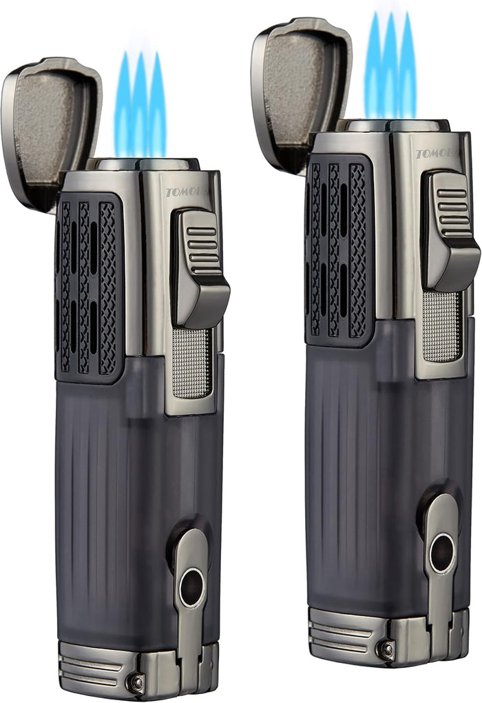 TOMOLO Cigar Lighter Triple Jet Flame Torch Lighter Refillable Butane Lighter with Cigar Punch. 2 Pack. Charcoal