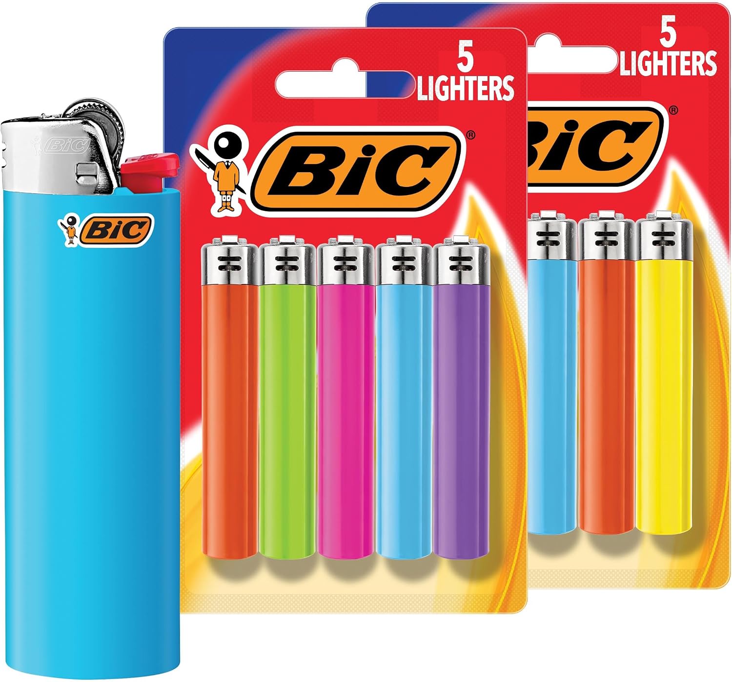 BIC Maxi Pocket Lighters. Dependable. Long-Lasting. 10-Pack. Assorted | Colors May Vary. Tested and Safe. Child-Resistant Design. Variety of Designs. Lasts Up to 3.000 Lights